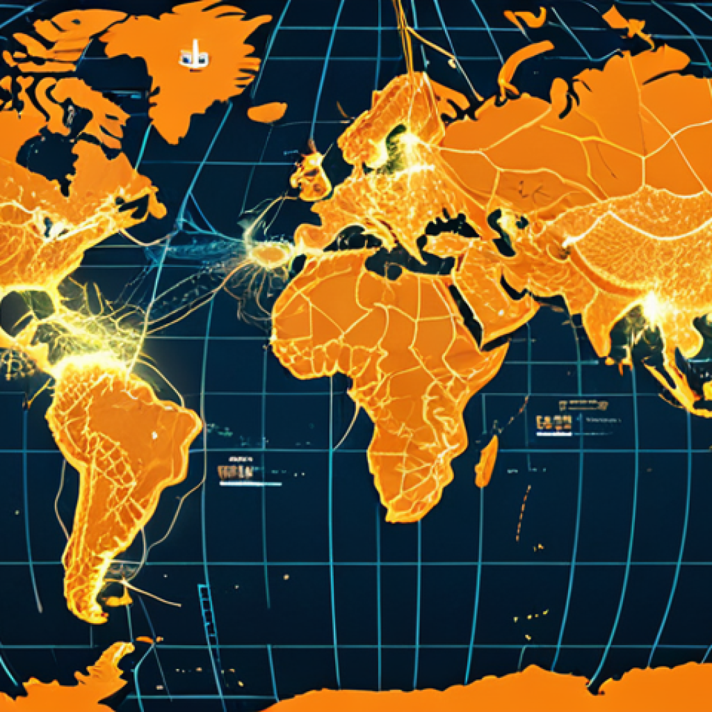 A vast, intricate global logistics network, showing cargo ships traversing oceans, airplanes soaring across continents, and container trucks on highways, all digitally interconnected over a glowing world map. The scene should evoke efficiency, speed, and the seamless flow of international e-commerce. Emphasize a dynamic, interconnected visual with clear lines of movement and a bustling, global scale.