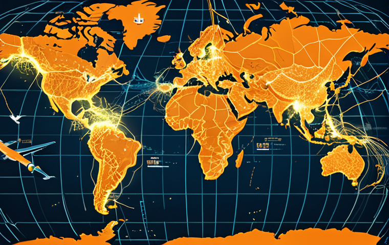 A vast, intricate global logistics network, showing cargo ships traversing oceans, airplanes soaring across continents, and container trucks on highways, all digitally interconnected over a glowing world map. The scene should evoke efficiency, speed, and the seamless flow of international e-commerce. Emphasize a dynamic, interconnected visual with clear lines of movement and a bustling, global scale.