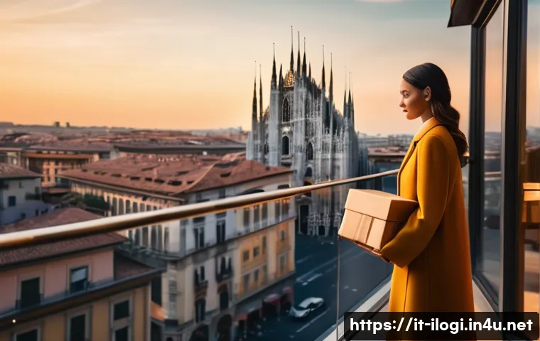국제물류에서 드론 활용 사례 - **Prompt:** A futuristic cityscape in Milan, Italy, during golden hour. A sleek delivery drone carry...