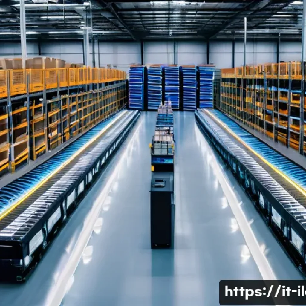 국제물류사 자격증 취득 후 커리어 로드맵 - **Prompt:** A dynamic, wide-angle shot of a cutting-edge, automated logistics warehouse at twilight....