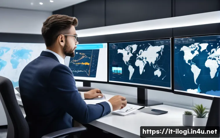 국제물류사 자격증 소지자 인터뷰 사례 - A professional logistics specialist in a modern office setting, analyzing international shipping rou...