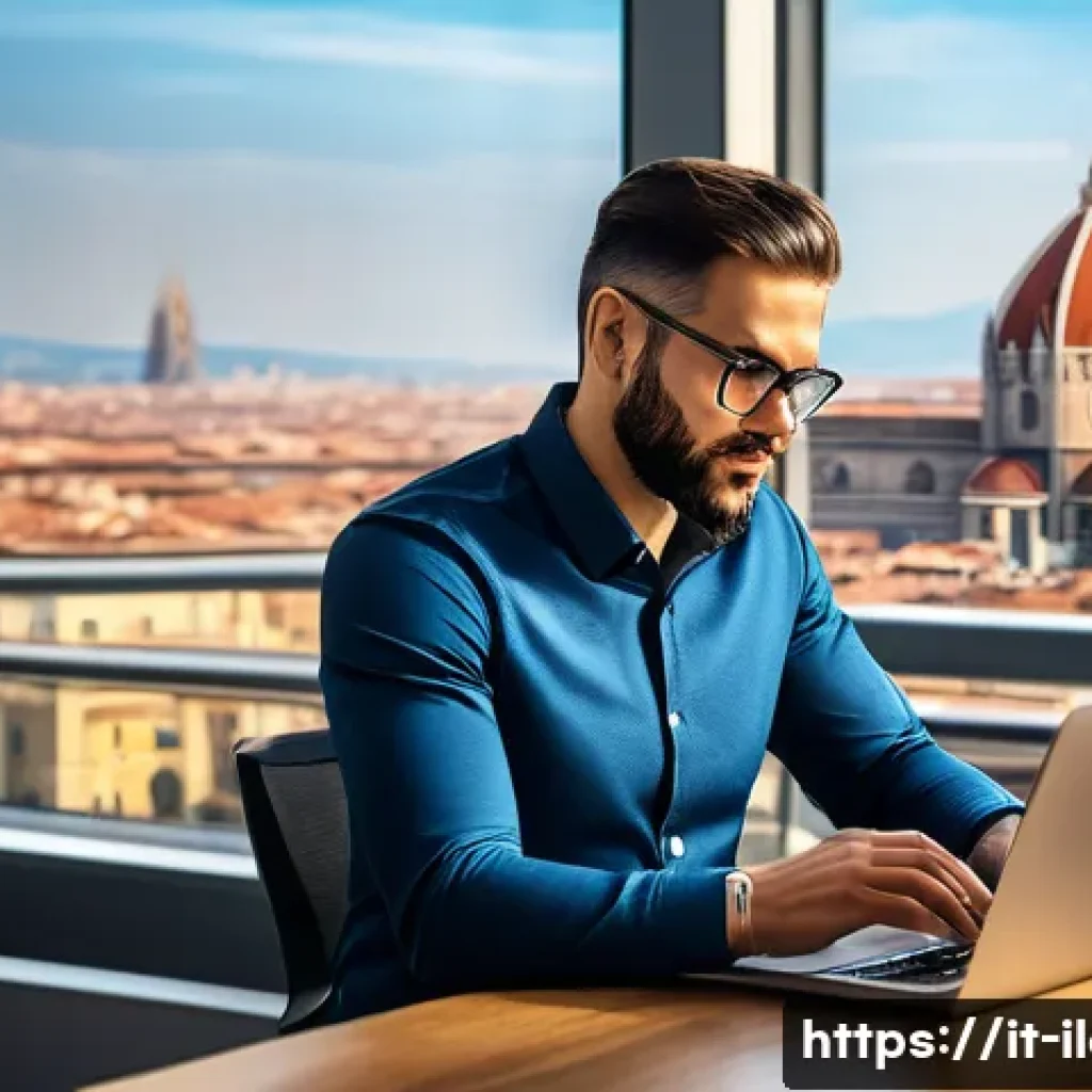 국제물류사 연봉 협상 팁 - A professional Italian logistics manager in a modern Milan office, dressed in business casual attire...