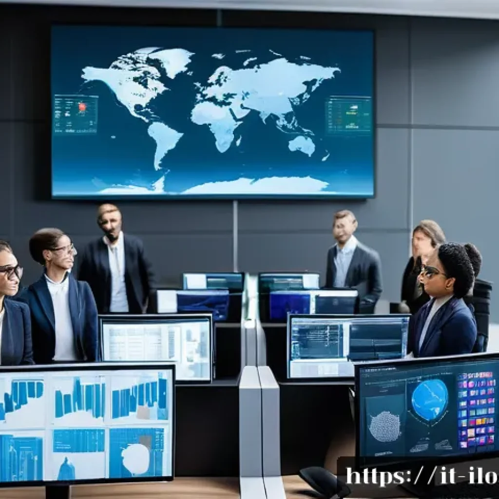 국제물류사로서 성장하기 위한 자기개발 - A modern international logistics control room with a diverse team of professionals collaborating aro...