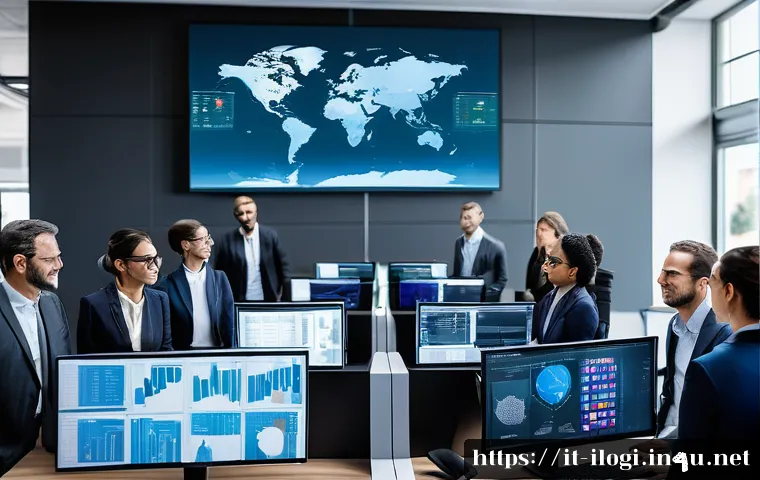 국제물류사로서 성장하기 위한 자기개발 - A modern international logistics control room with a diverse team of professionals collaborating aro...