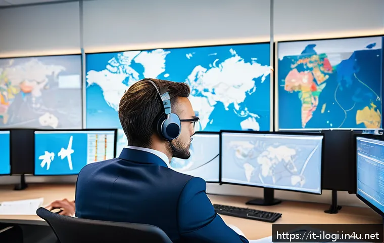 국제물류사와 관세사의 차이점 - A professional international freight forwarder in a modern logistics office, surrounded by multiple ...