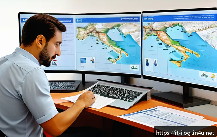 국제물류 서류 작성 시 주의사항 - A professional office scene showing an Italian logistics specialist carefully reviewing internationa...