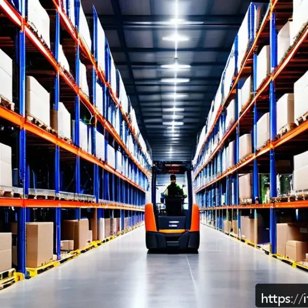 국제물류사와 물류창고 관리의 연관성 - A modern Italian warehouse interior showcasing a flexible layout with modular shelving units and ver...
