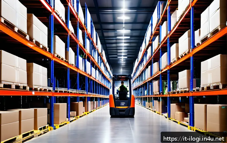 국제물류사와 물류창고 관리의 연관성 - A modern Italian warehouse interior showcasing a flexible layout with modular shelving units and ver...