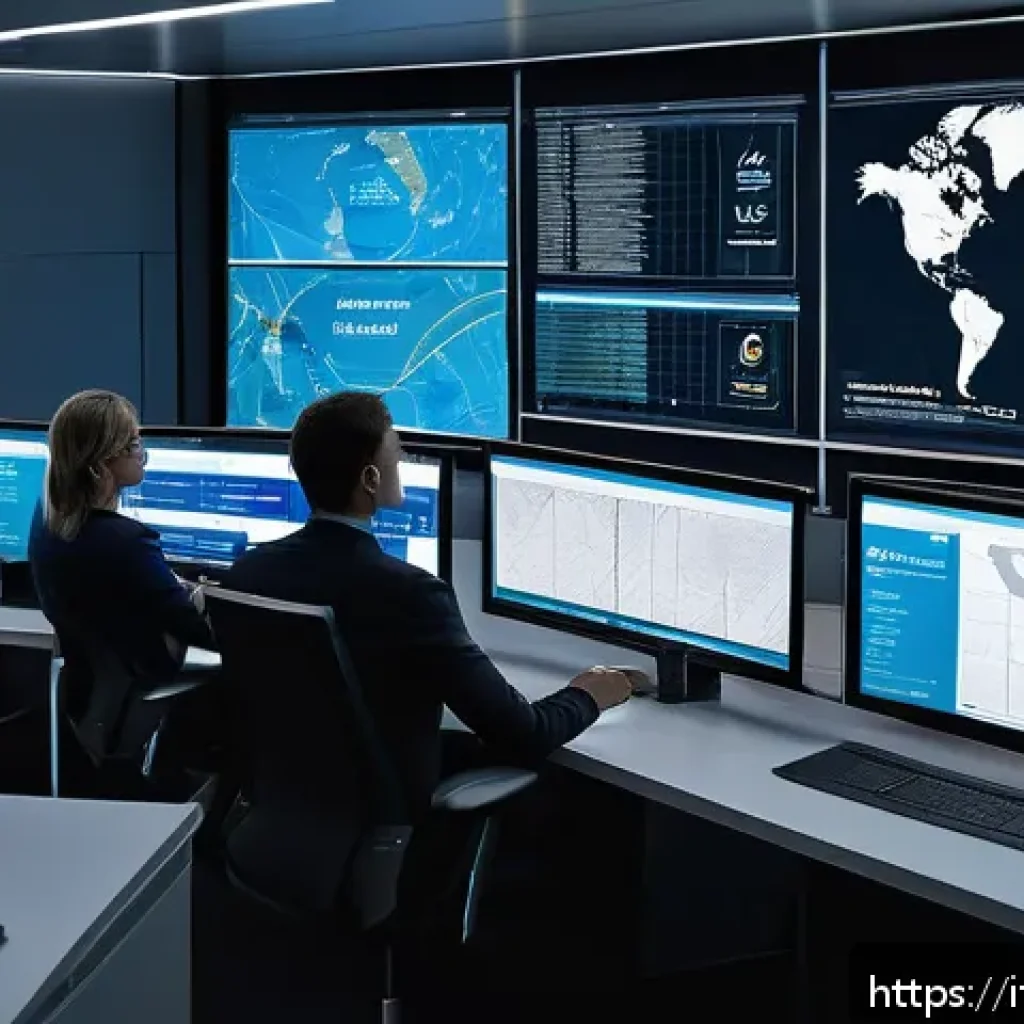국제물류사 업무 중 실수 사례와 대처법 - A modern international supply chain control room with large digital screens showing real-time GPS tr...