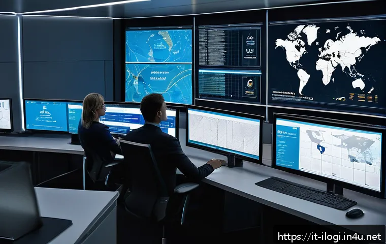 국제물류사 업무 중 실수 사례와 대처법 - A modern international supply chain control room with large digital screens showing real-time GPS tr...