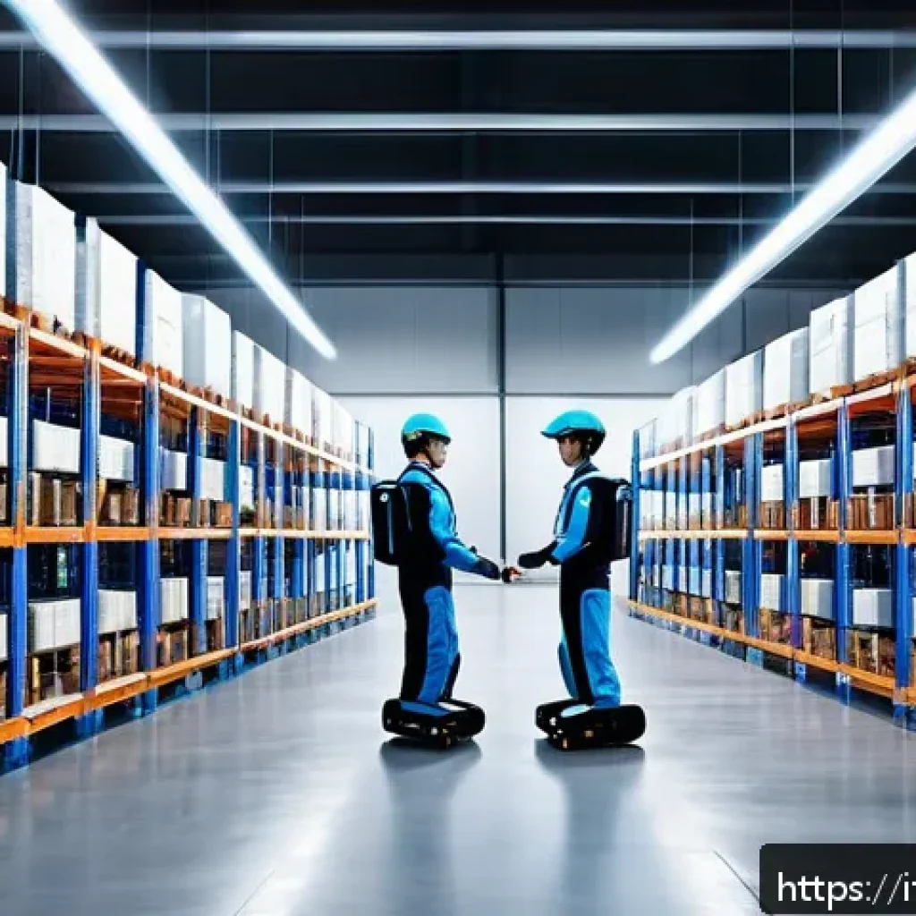 국제물류사 관련 국내외 학술 세미나 정보 - A futuristic European warehouse interior featuring collaborative robots (cobots) working seamlessly ...