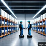 Home 22 국제물류사 관련 국내외 학술 세미나 정보 - A futuristic European warehouse interior featuring collaborative robots (cobots) working seamlessly ...