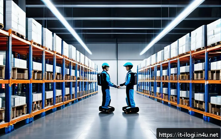 국제물류사 관련 국내외 학술 세미나 정보 - A futuristic European warehouse interior featuring collaborative robots (cobots) working seamlessly ...