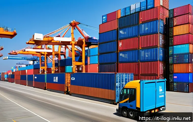 국제물류 실무 기본 개념 이해하기 - A detailed scene of a bustling international shipping port during daytime, showing diverse cargo shi...