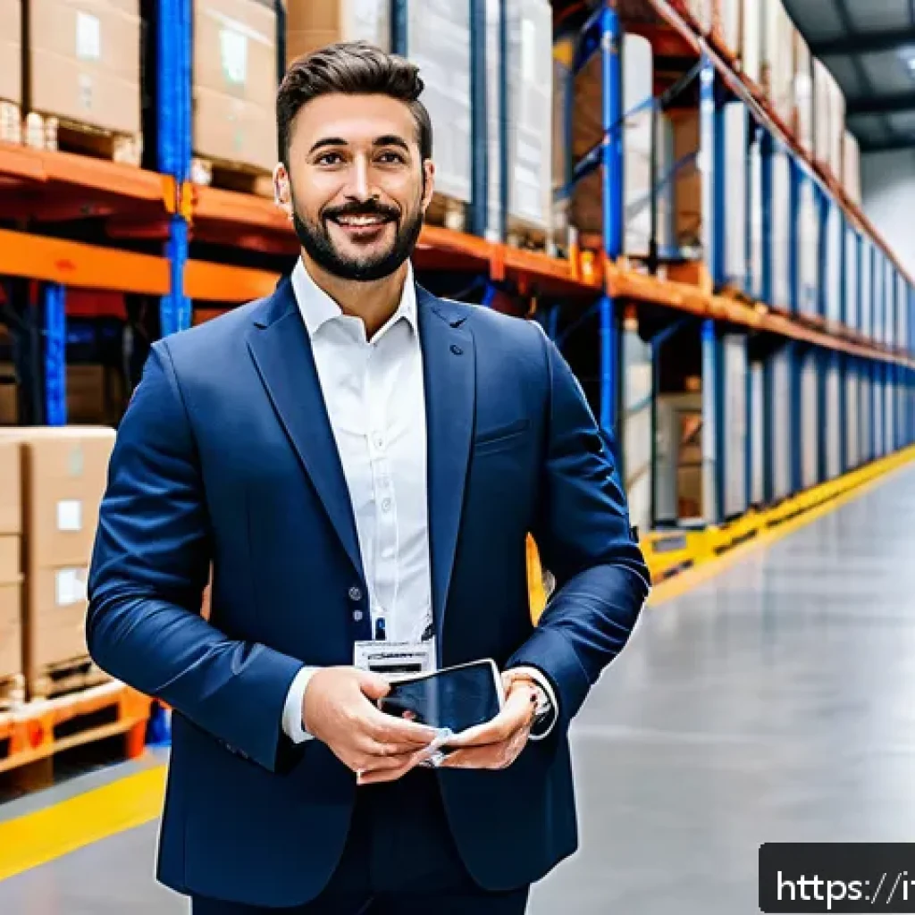 국제물류사 자격증의 산업 내 가치 - A professional logistics manager standing confidently in a modern warehouse filled with organized pa...