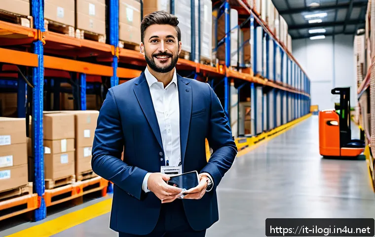 국제물류사 자격증의 산업 내 가치 - A professional logistics manager standing confidently in a modern warehouse filled with organized pa...