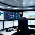 Home 18 국제물류 실무에서 사용하는 소프트웨어 - A modern logistics control room in Italy, featuring large digital screens displaying real-time suppl...