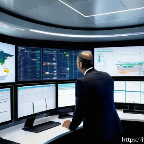 Home 30 국제물류 실무에서 사용하는 소프트웨어 - A modern logistics control room in Italy, featuring large digital screens displaying real-time suppl...